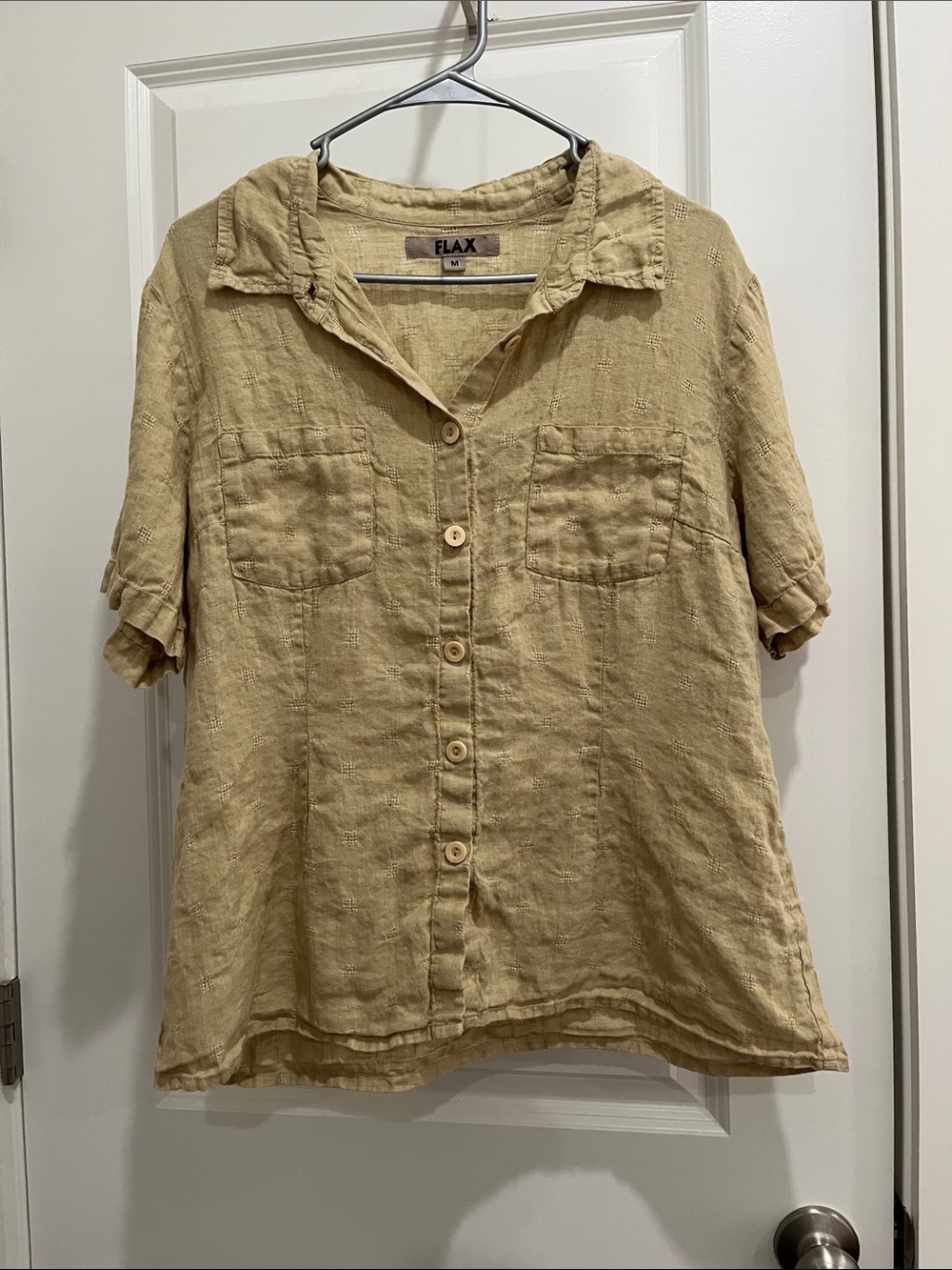 Flax Short-Sleeve Linen Button-Up Top in Tan